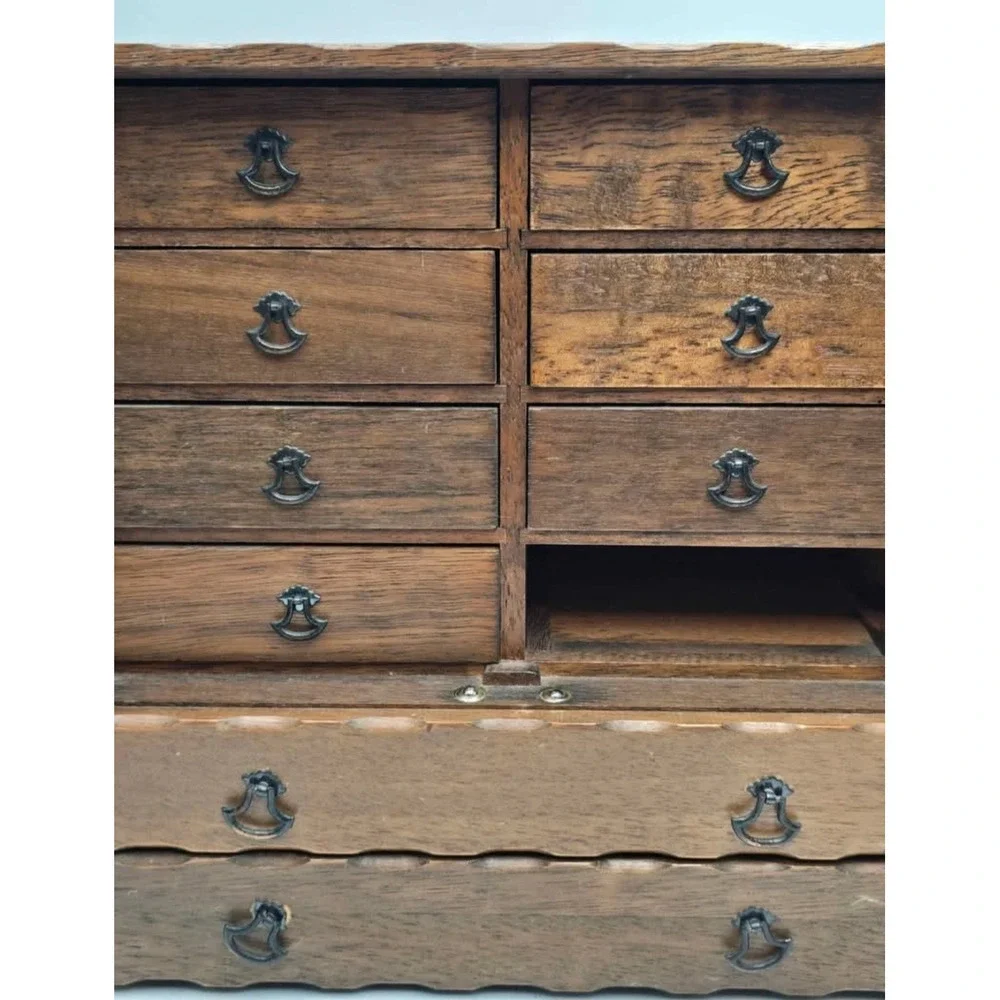 Vintage Wooden Jewelry Armoire Chest Spindle Door 10 Drawer Tabletop musical